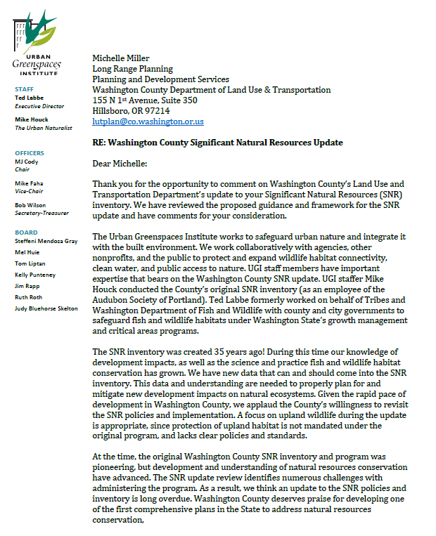 Comment on Washington County Significant Natural Resources Update